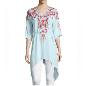 Johnny Was Cleopatra Asymmetrical Tunic Top Embroidered L Tie Waist.